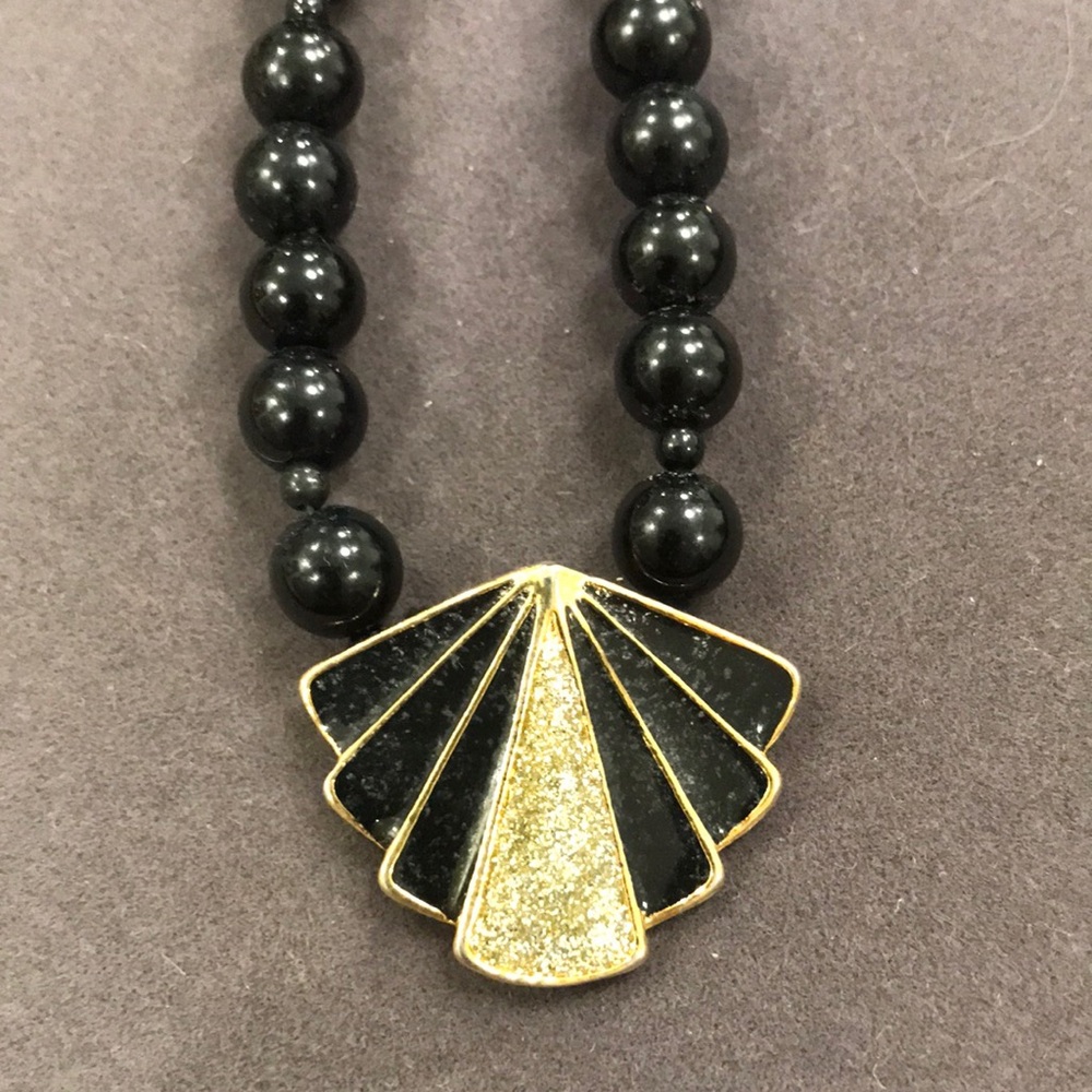 Vintage Goldtone & Black Beaded Art Deco Style Pendant Necklace